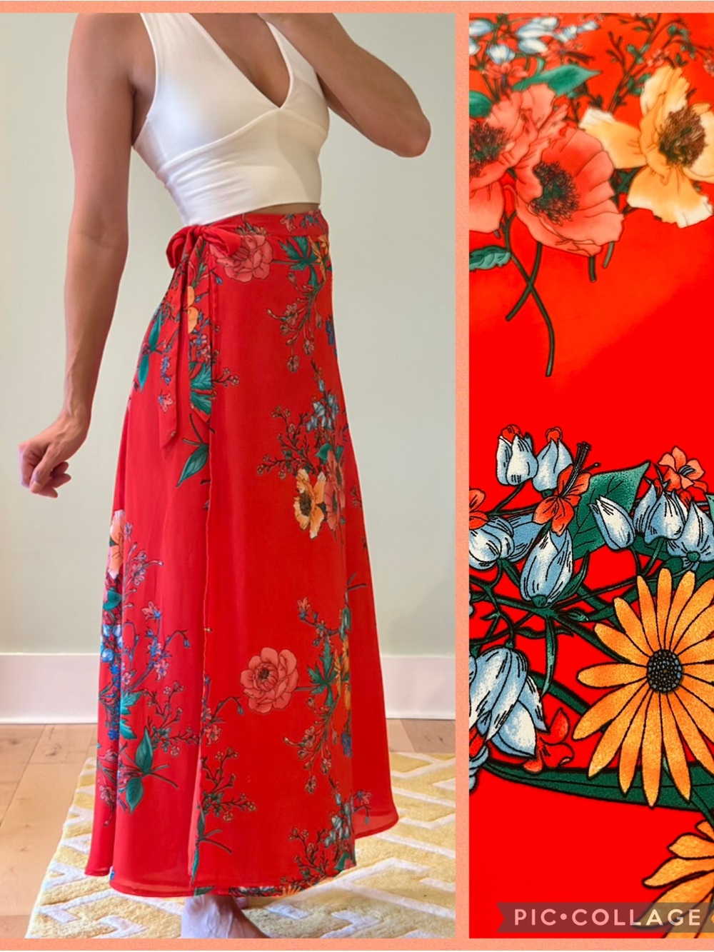 Lulus Red Floral Wrap Maxi Skirt